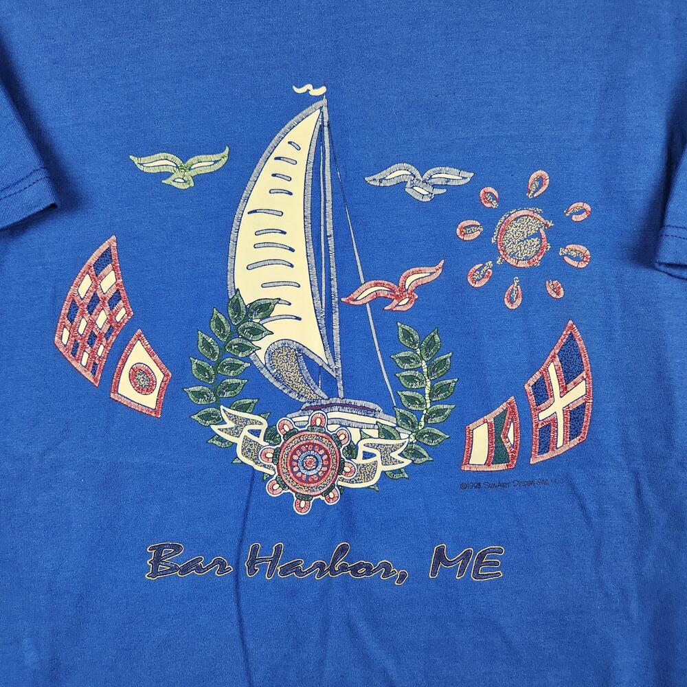 Vintage Bar Harbor Maine Shirt Mens Medium Blue Sailboat Nautical Graphic 90s